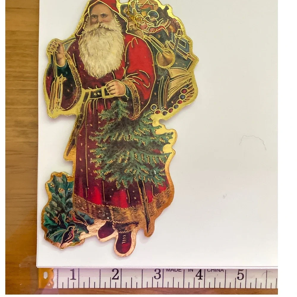 Vintage Style Die Cut‎ Cardboard Santa Claus Christmas Ornaments Gold Foil Set 2